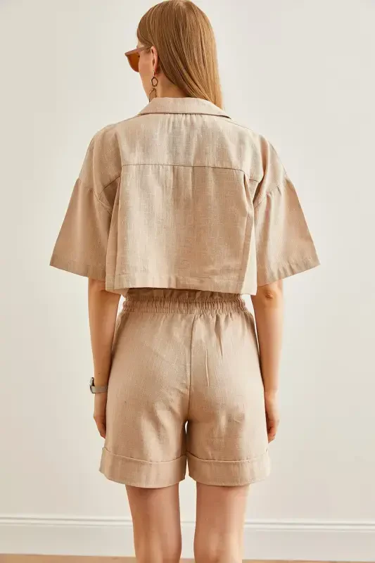 Women Stone Top Shirt with Pockets Shorts Linen Set TK - 6