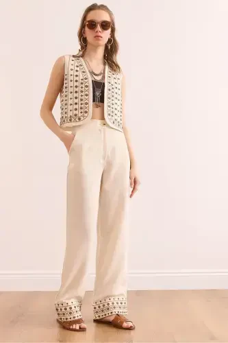 Women Stone Top Vest Pocketed Pants Embroidered Set - 1