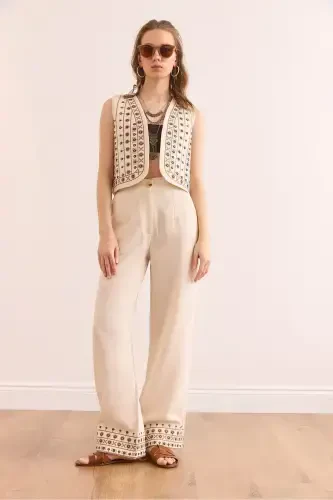 Women Stone Top Vest Pocketed Pants Embroidered Set - OLALOOK (1)