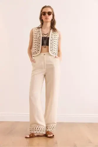 Women Stone Top Vest Pocketed Pants Embroidered Set - 3