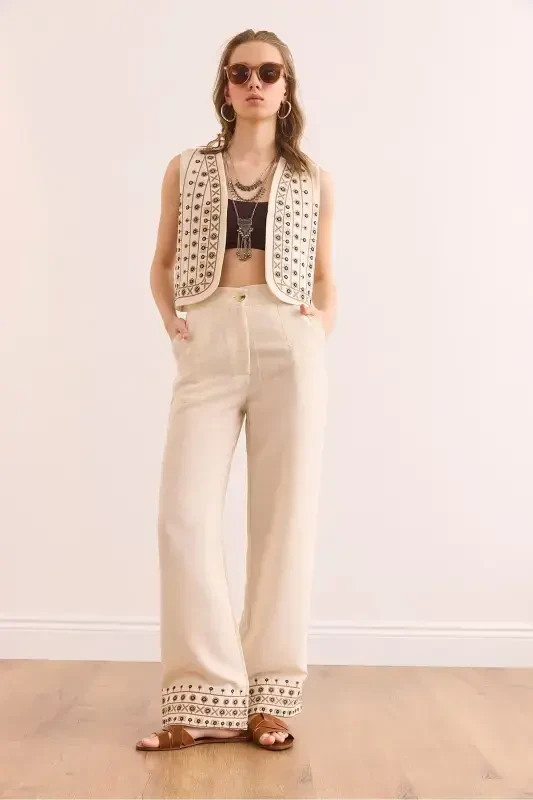 Women Stone Top Vest Pocketed Pants Embroidered Set - 3