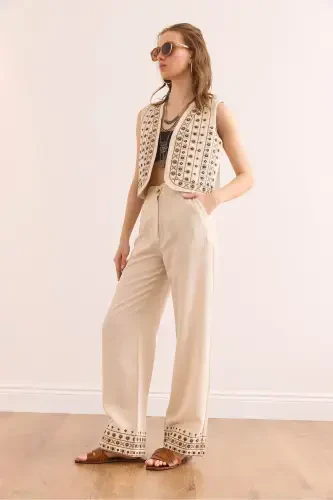 Women Stone Top Vest Pocketed Pants Embroidered Set - 4