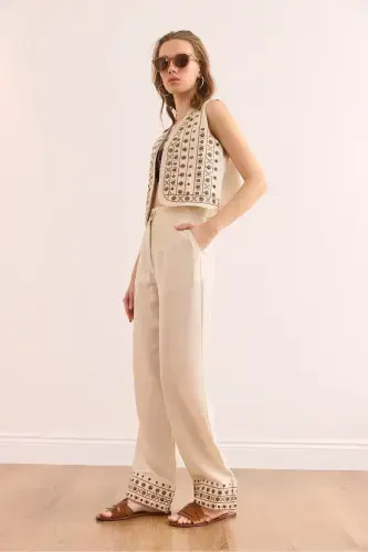 Women Stone Top Vest Pocketed Pants Embroidered Set - 5