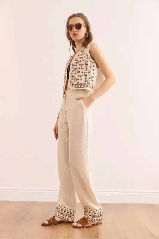 Women Stone Top Vest Pocketed Pants Embroidered Set - 5