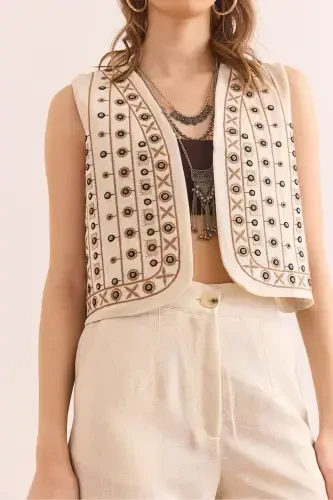 Women Stone Top Vest Pocketed Pants Embroidered Set - 6