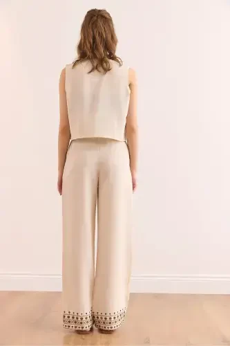 Women Stone Top Vest Pocketed Pants Embroidered Set - 8