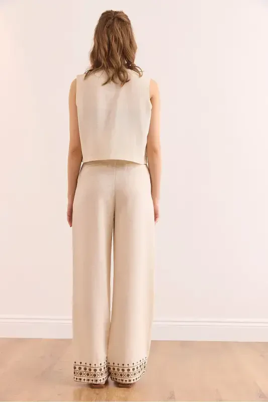 Women Stone Top Vest Pocketed Pants Embroidered Set - 8