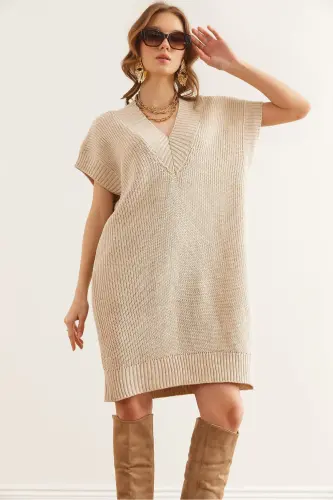 Women Stone V Neck Knit Tunic Dress DR-19002343-T 