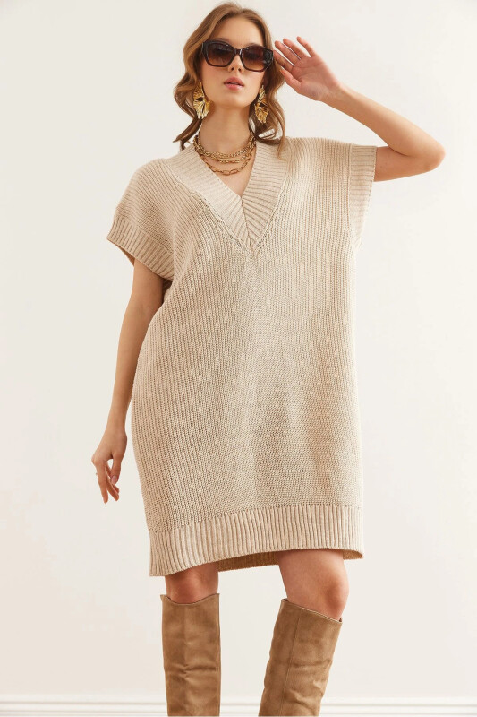 Women Stone V Neck Knit Tunic Dress DR-19002343-T - OLALOOK