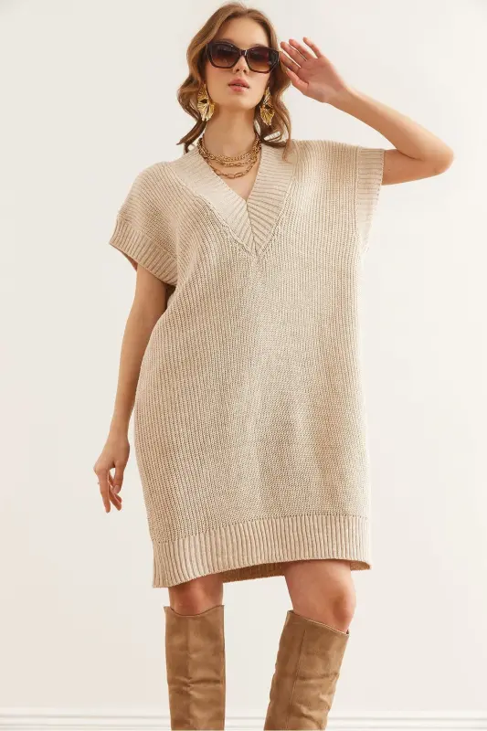 Women Stone V Neck Knit Tunic Dress DR-19002343-T - 1