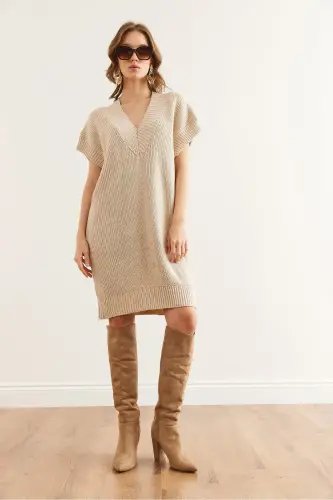Women Stone V Neck Knit Tunic Dress DR-19002343-T - 2