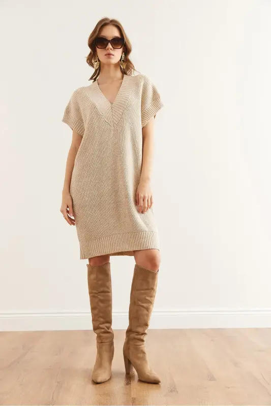 Women Stone V Neck Knit Tunic Dress DR-19002343-T - 2