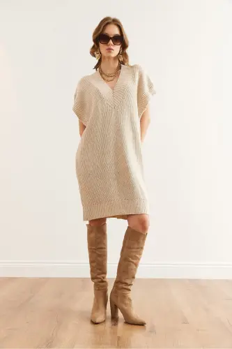 Women Stone V Neck Knit Tunic Dress DR-19002343-T - 3