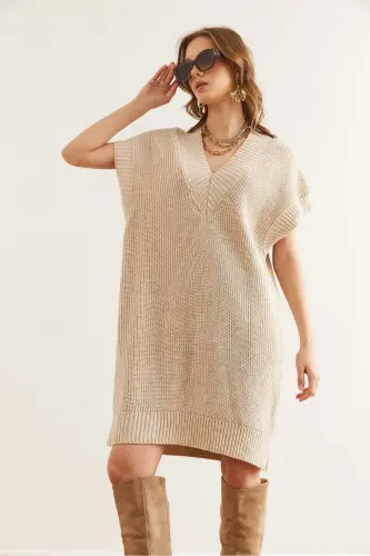 Women Stone V Neck Knit Tunic Dress DR-19002343-T - 4