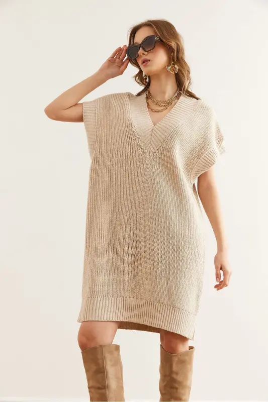 Women Stone V Neck Knit Tunic Dress DR-19002343-T - 4