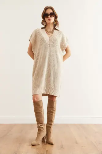 Women Stone V Neck Knit Tunic Dress DR-19002343-T - 5