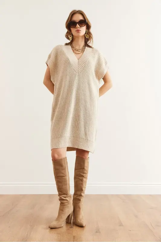 Women Stone V Neck Knit Tunic Dress DR-19002343-T - 5