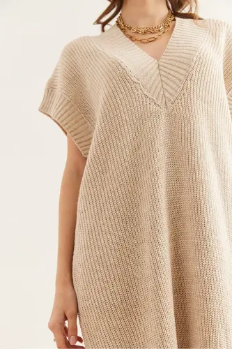 Women Stone V Neck Knit Tunic Dress DR-19002343-T - 6