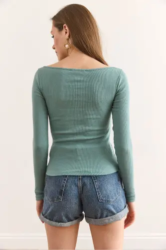 Women Teal Green Deep V-Neck Lace Detailed Esn - 9
