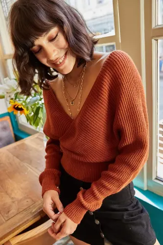 Women Tile Front Back V Waist Crop Knitted Sweater KZK-19000076-Tile - 4