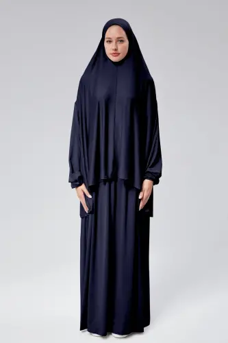 Women Two Piece Prayer Dress Headscarf Organic Cotton Elastic Sleeve Non-Slip Skirt Jersey Modest -Navy Blue 