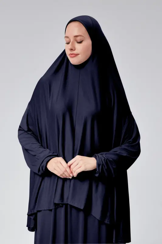 Women Two Piece Prayer Dress Headscarf Organic Cotton Elastic Sleeve Non-Slip Skirt Jersey Modest -Navy Blue - 2