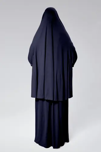 Women Two Piece Prayer Dress Headscarf Organic Cotton Elastic Sleeve Non-Slip Skirt Jersey Modest -Navy Blue - 4
