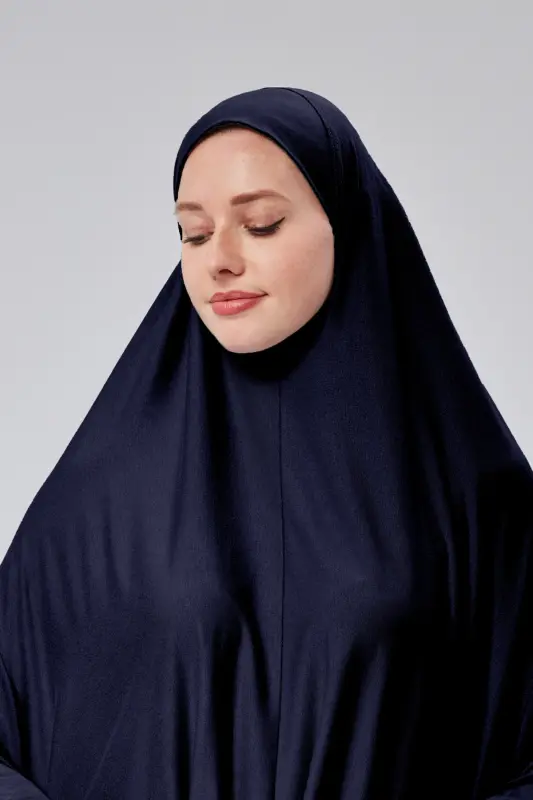 Women Two Piece Prayer Dress Headscarf Organic Cotton Elastic Sleeve Non-Slip Skirt Jersey Modest -Navy Blue - 5