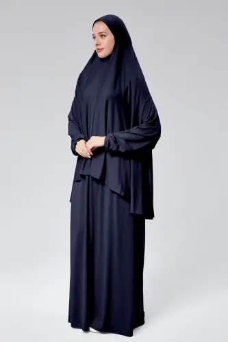 Women Two Piece Prayer Dress Headscarf Organic Cotton Elastic Sleeve Non-Slip Skirt Jersey Modest -Navy Blue - 6