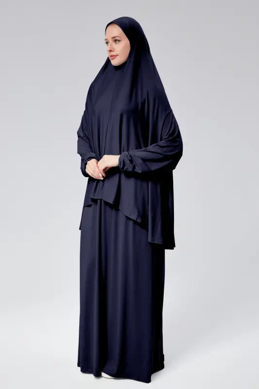 Women Two Piece Prayer Dress Headscarf Organic Cotton Elastic Sleeve Non-Slip Skirt Jersey Modest -Navy Blue - 6