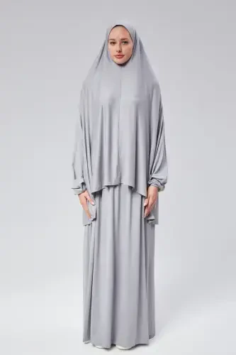 Women Two Piece Prayer Dress Headscarf Organic Cotton Elasticated Non-Slip Sleeve Skirt Jersey Islamic Clothing-Gray - 1