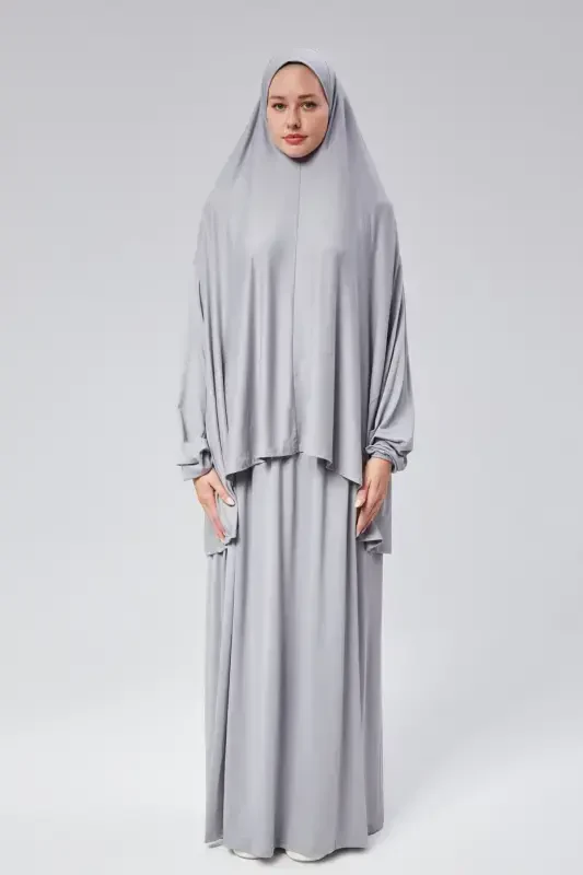 Women Two Piece Prayer Dress Headscarf Organic Cotton Elasticated Non-Slip Sleeve Skirt Jersey Islamic Clothing-Gray - 1