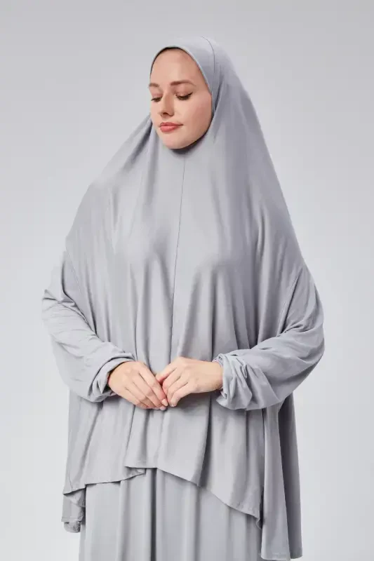 Women Two Piece Prayer Dress Headscarf Organic Cotton Elasticated Non-Slip Sleeve Skirt Jersey Islamic Clothing-Gray - 2