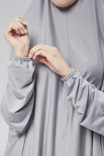 Women Two Piece Prayer Dress Headscarf Organic Cotton Elasticated Non-Slip Sleeve Skirt Jersey Islamic Clothing-Gray - 3