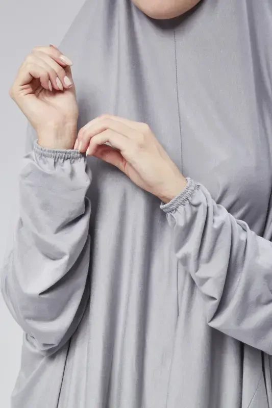 Women Two Piece Prayer Dress Headscarf Organic Cotton Elasticated Non-Slip Sleeve Skirt Jersey Islamic Clothing-Gray - 3