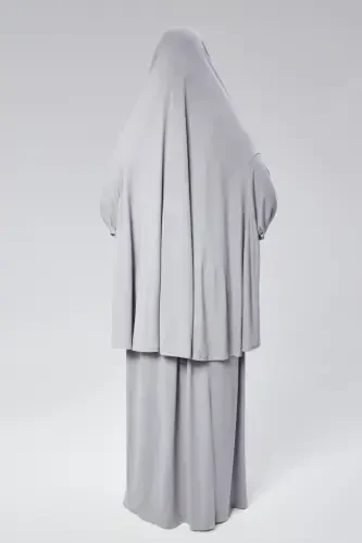 Women Two Piece Prayer Dress Headscarf Organic Cotton Elasticated Non-Slip Sleeve Skirt Jersey Islamic Clothing-Gray - 4