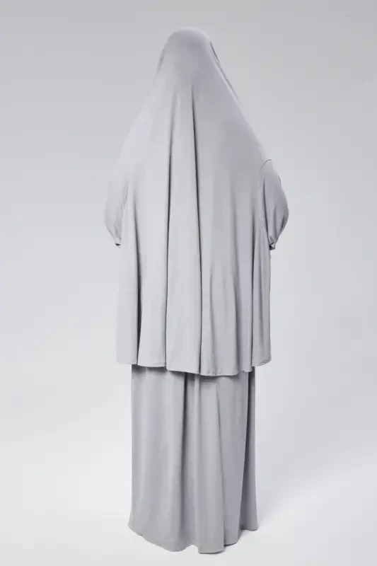 Women Two Piece Prayer Dress Headscarf Organic Cotton Elasticated Non-Slip Sleeve Skirt Jersey Islamic Clothing-Gray - 4