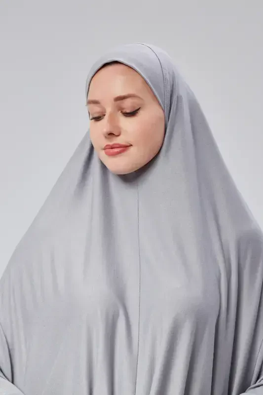Women Two Piece Prayer Dress Headscarf Organic Cotton Elasticated Non-Slip Sleeve Skirt Jersey Islamic Clothing-Gray - 5