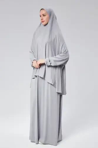 Women Two Piece Prayer Dress Headscarf Organic Cotton Elasticated Non-Slip Sleeve Skirt Jersey Islamic Clothing-Gray - 6