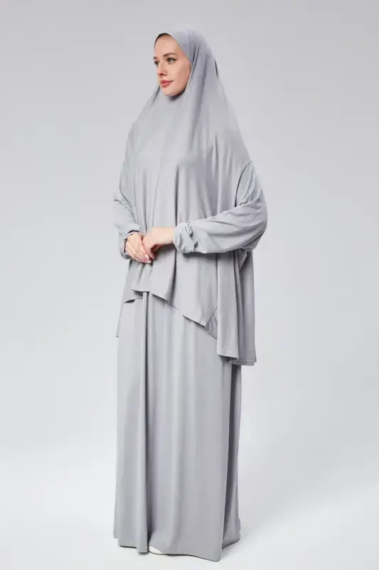 Women Two Piece Prayer Dress Headscarf Organic Cotton Elasticated Non-Slip Sleeve Skirt Jersey Islamic Clothing-Gray - 6