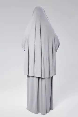 Women Two Piece Prayer Dress Headscarf Organic Cotton Elasticated Non-Slip Sleeve Skirt Jersey Islamic Clothing-Gray - 4