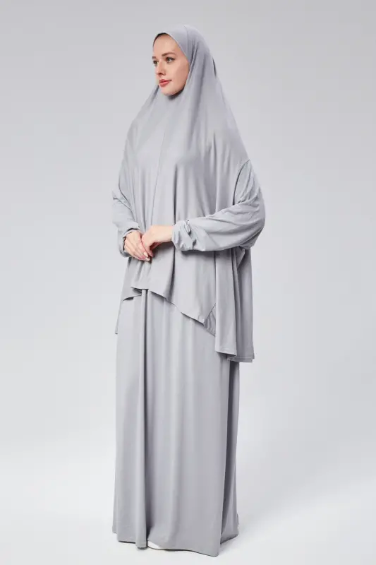 Women Two Piece Prayer Dress Headscarf Organic Cotton Elasticated Non-Slip Sleeve Skirt Jersey Islamic Clothing-Gray - 6
