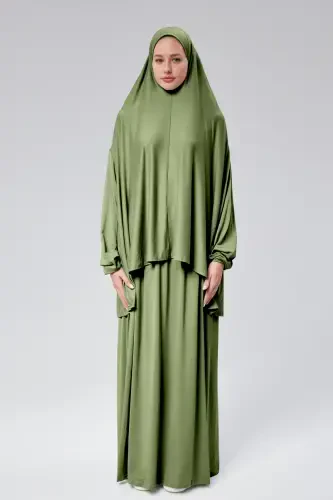 Women Two Piece Prayer Dress Headscarf Organic Cotton Elasticated Non-Slip Sleeve Skirt Jersey Islamic Clothing-Pistachio Green - 1