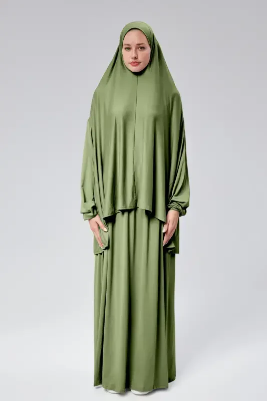 Women Two Piece Prayer Dress Headscarf Organic Cotton Elasticated Non-Slip Sleeve Skirt Jersey Islamic Clothing-Pistachio Green - 1