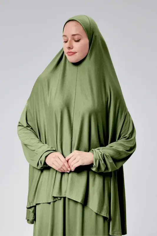 Women Two Piece Prayer Dress Headscarf Organic Cotton Elasticated Non-Slip Sleeve Skirt Jersey Islamic Clothing-Pistachio Green - 2