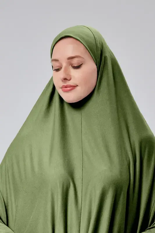 Women Two Piece Prayer Dress Headscarf Organic Cotton Elasticated Non-Slip Sleeve Skirt Jersey Islamic Clothing-Pistachio Green - 4
