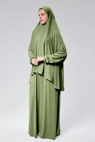 Women Two Piece Prayer Dress Headscarf Organic Cotton Elasticated Non-Slip Sleeve Skirt Jersey Islamic Clothing-Pistachio Green - 5