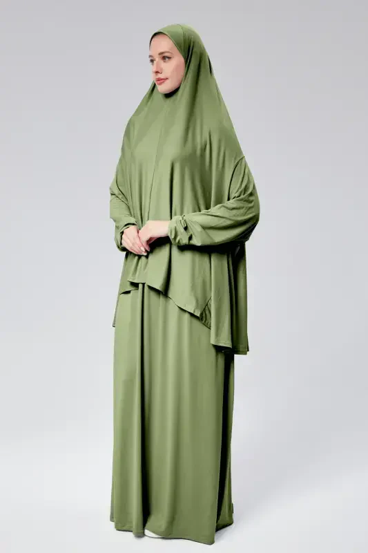 Women Two Piece Prayer Dress Headscarf Organic Cotton Elasticated Non-Slip Sleeve Skirt Jersey Islamic Clothing-Pistachio Green - 5