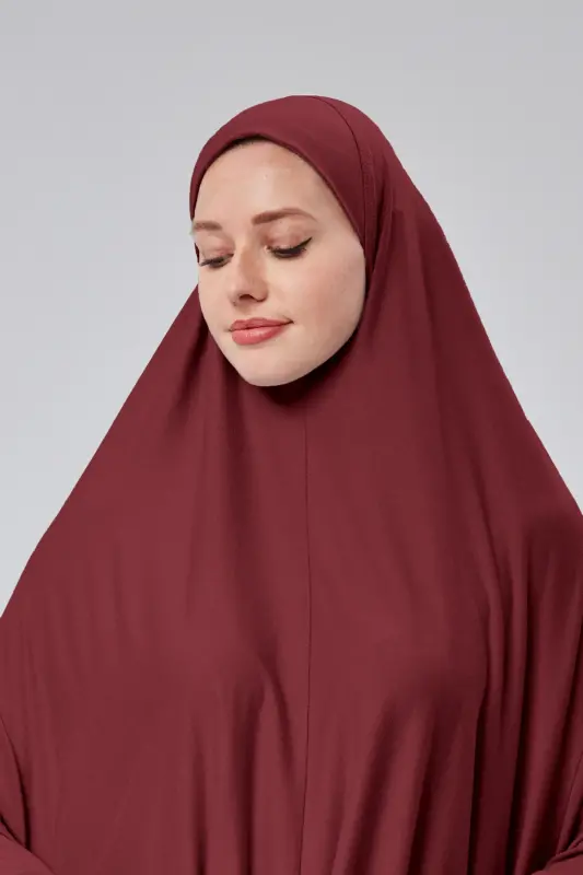 Women Two Piece Prayer Dress Headscarf Organic Cotton Elasticated Non-Slip Sleeve Skirt Jersey Modest Wear-Burgundy - 4