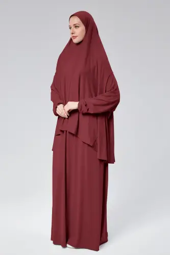 Women Two Piece Prayer Dress Headscarf Organic Cotton Elasticated Non-Slip Sleeve Skirt Jersey Modest Wear-Burgundy - 5